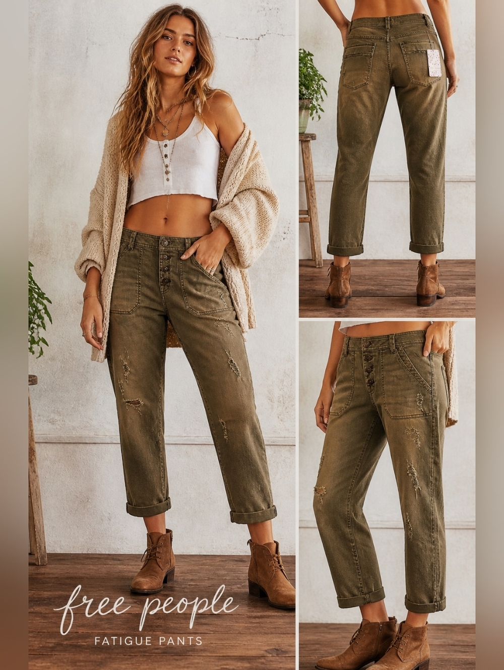 Free People Fatigue Utility Pants Distressed Olive Button Fly Size 10 NWT
